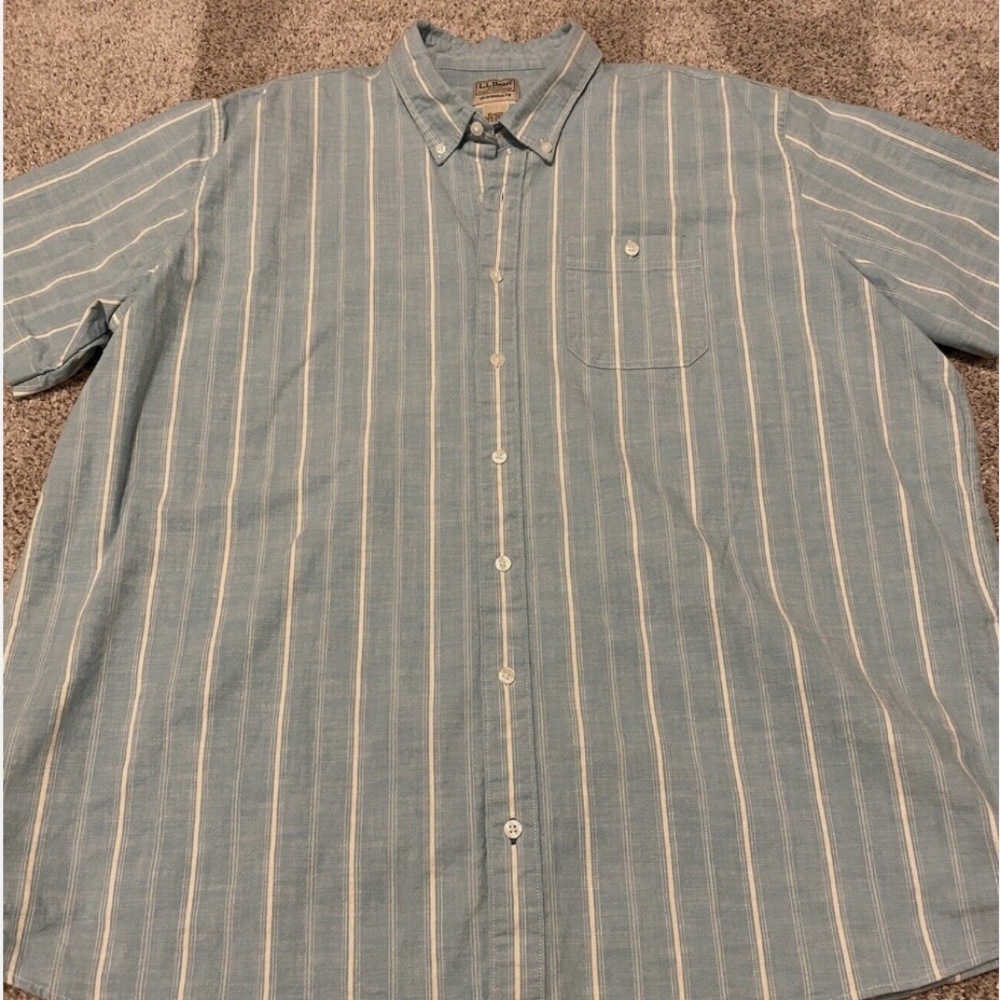 LL Bean Men’s Traditional Fit Short Sleeve Striped Blue Button Shirt Sz XXLT